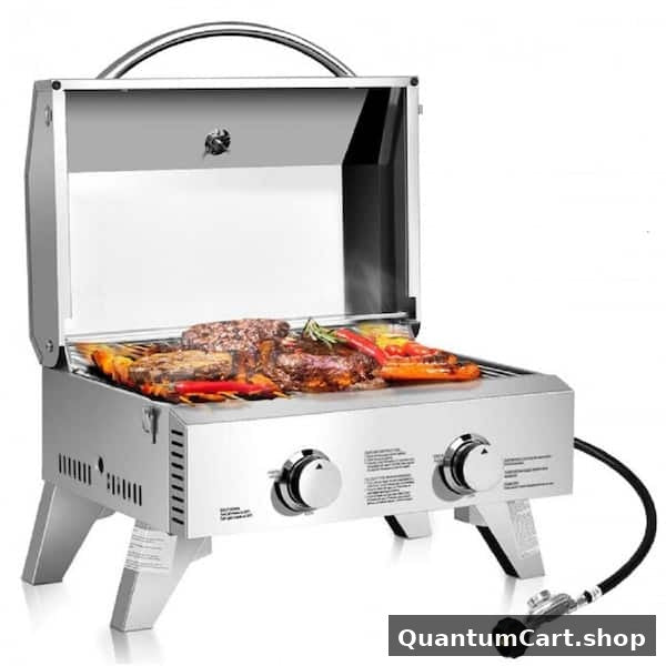 QuantumCart Compact 2-Burner Stainless Steel Tabletop BBQ Grill